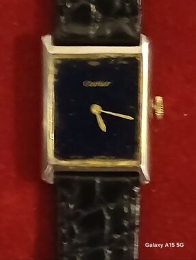 Authentic UnisexCartier Black Strap Watch with Navy Dial and Gold Accents